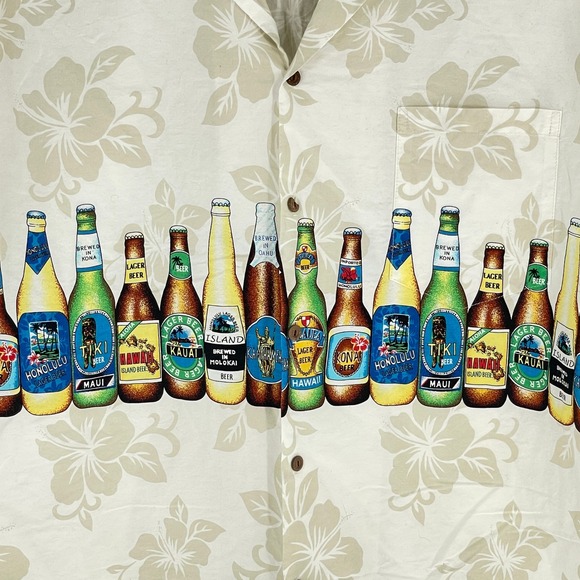 Ky'S Other - KY'S Hawaii Beer White Cotton Poplin Men's Hawaiian Shirt 2XL Floral‎ Bottles